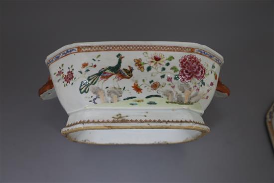 A Chinese export famille rose double peacock soup tureen and cover, Qianlong period, W. 34.5cm